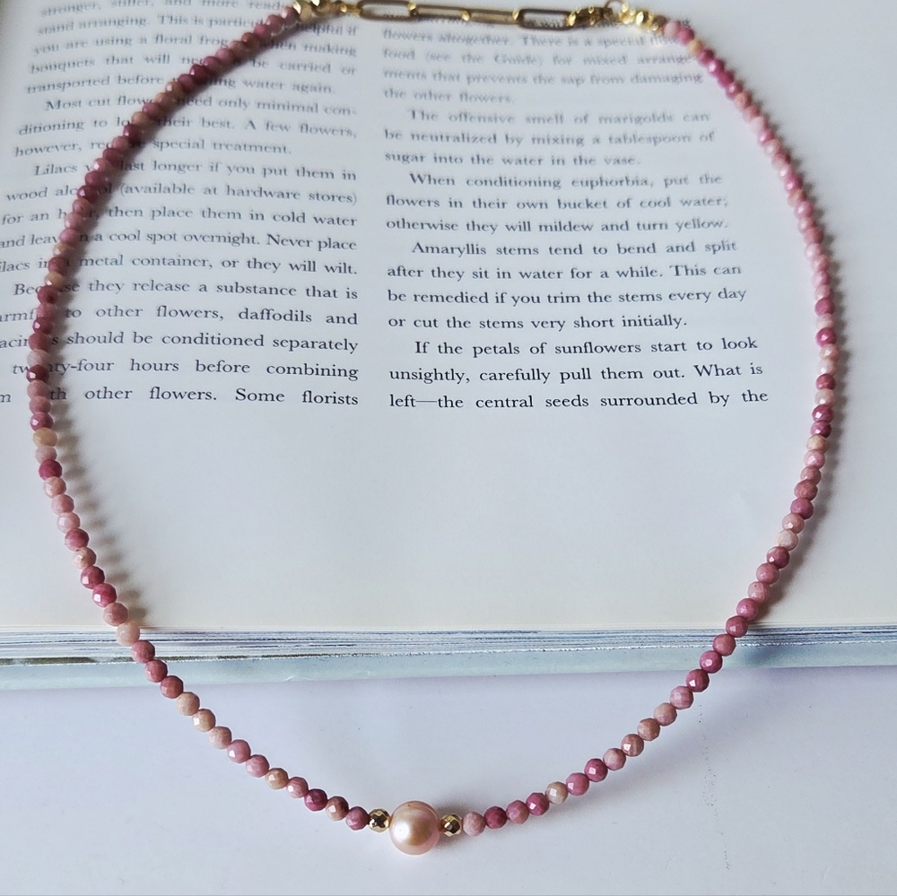 Handcraft Pink Rhodonite And Pearl Choker Necklace-Boho Style/french Vintage